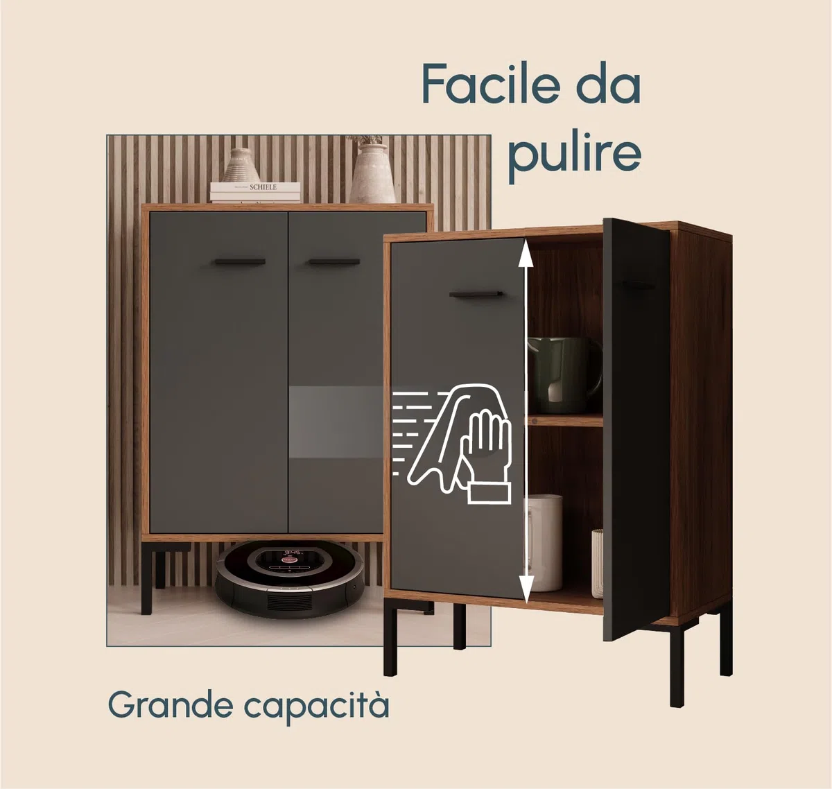 MB Muebles Bonitos, Credenza piccola Lander L15, Stile Moderno, Madia bassa multiuso con 2 ante, Colore Noce e Grigio, 60x84x30cm