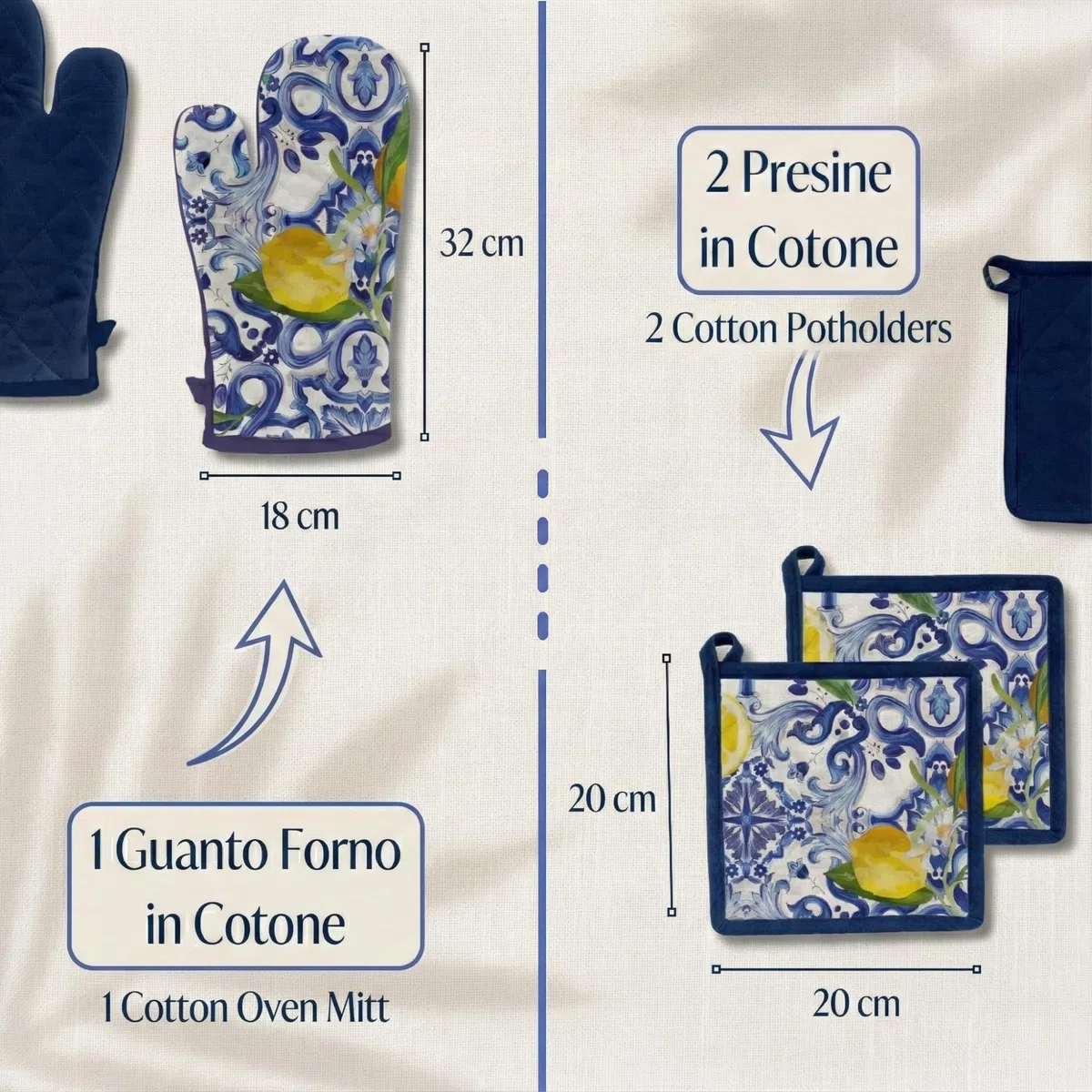 Set Presine da Cucina e Guanto da Forno in Cotone, Guanti da Cucina più 2 Presine con Fantasia Decorativa, Guanto forno 32x18 cm, Presina 20x20 cm