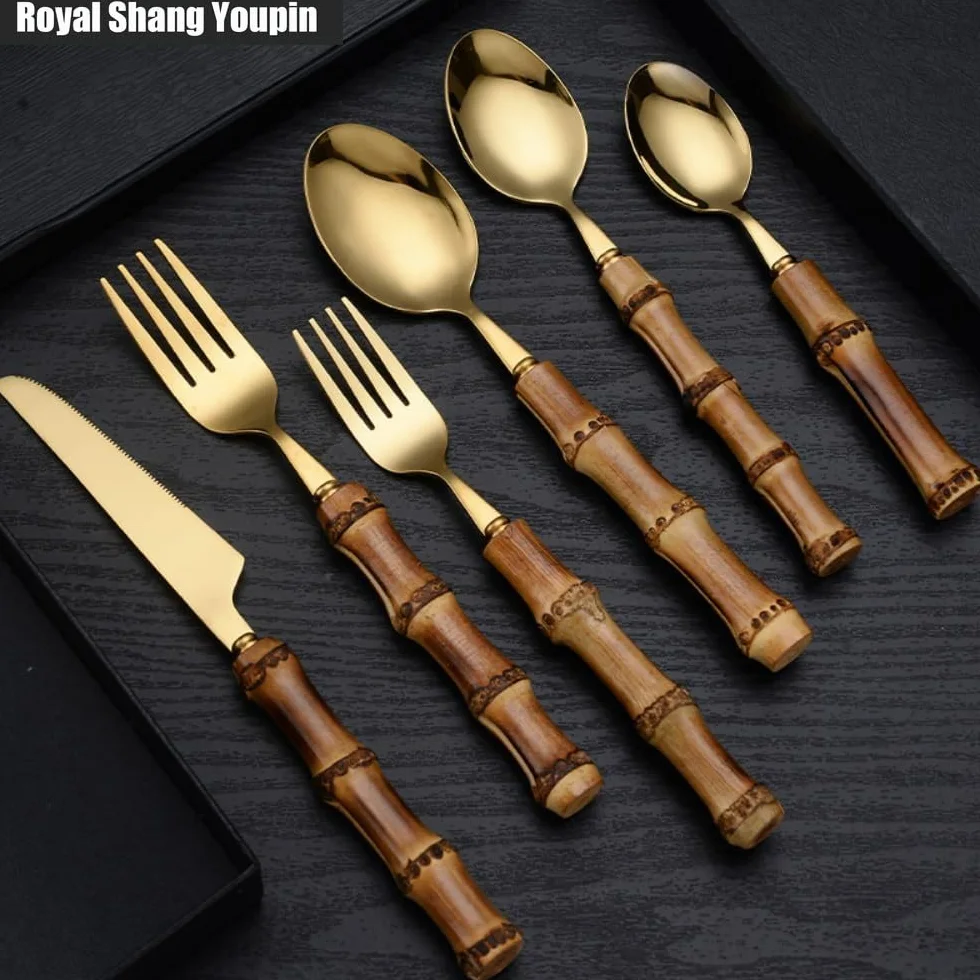 In Primo Piano Manico in Bambù Autentico Cucina Acciaio Inossidabile Posate Stoviglie Posate Coltelli Forchette Cucchiai Set Coltello Da Bistecca Per (Oro,20 pezzi)
