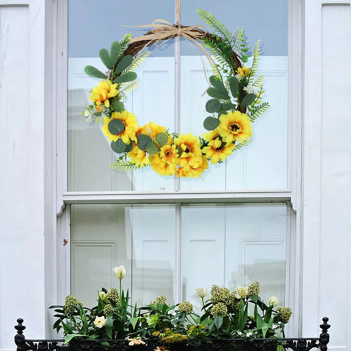 Corona di girasole artificiale da 17,7 pollici, corona floreale da appendere a porta anteriore, ghirlanda di fiori di seta gialla di simulazione, falsa primavera estate rattan Swag