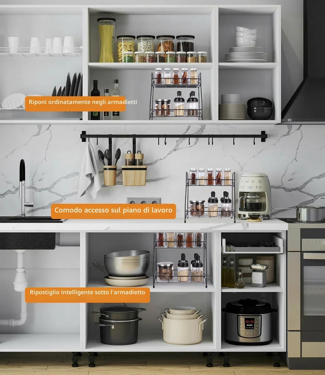 Porta Spezie per Cucina, Organizer Cucina in Metallo, Porta Spezie Salvaspazio, Alzatina Spezie Moderna, Ripiani Pratici Salvaspazio per Oggetti e Bagno, Portaspezie Ideale per Spazi Ridotti