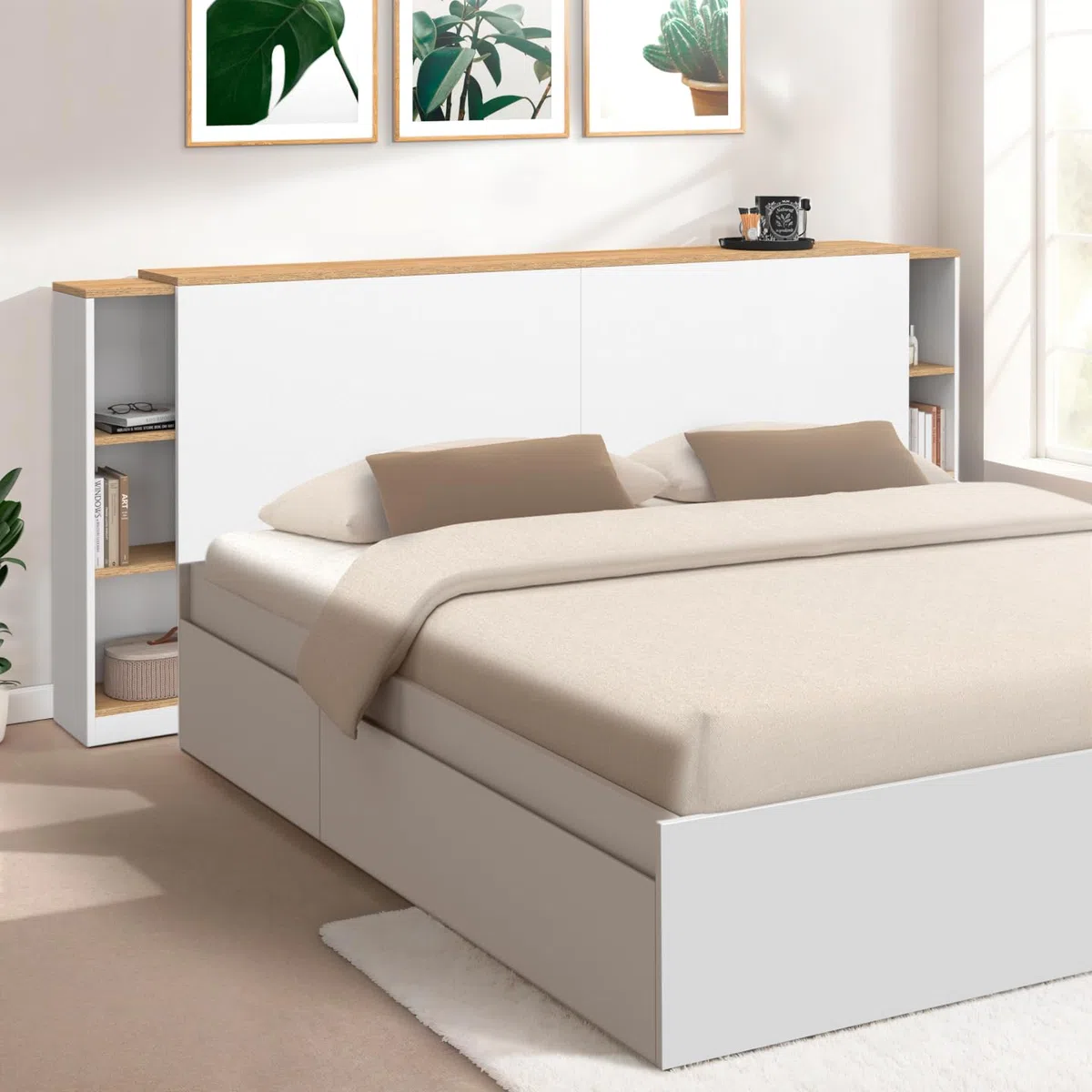 IDMarket - Cabecero extensible CATBA con almacenamiento deslizante para camas de 140 y 160 CM de madera y blancas