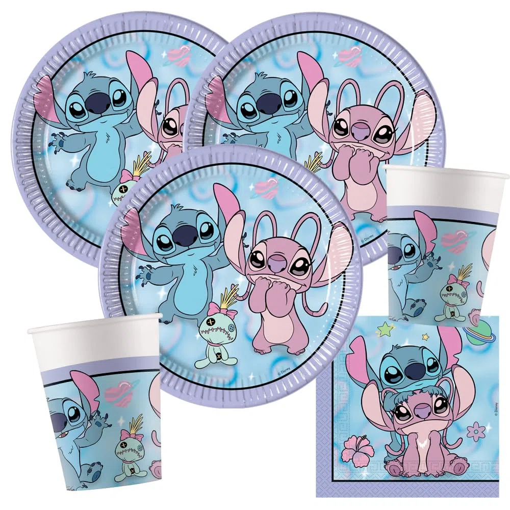 Procos Stitch & Angel, set da 36 pezzi, piatti di carta, bicchieri di carta, tovaglioli di compleanno per bambini