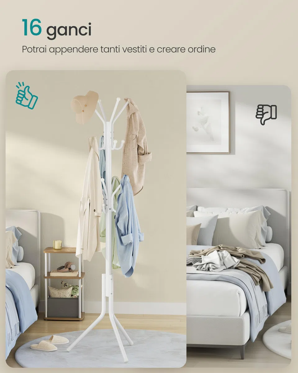 SONGMICS Appendiabiti da Terra, Attaccapanni in Metallo, per Vestiti Borse Cappelli, Altezza 175 cm, 16 Ganci, Ingresso Soggiorno Camera da Letto, Bianco Nuvola RCR081WC01