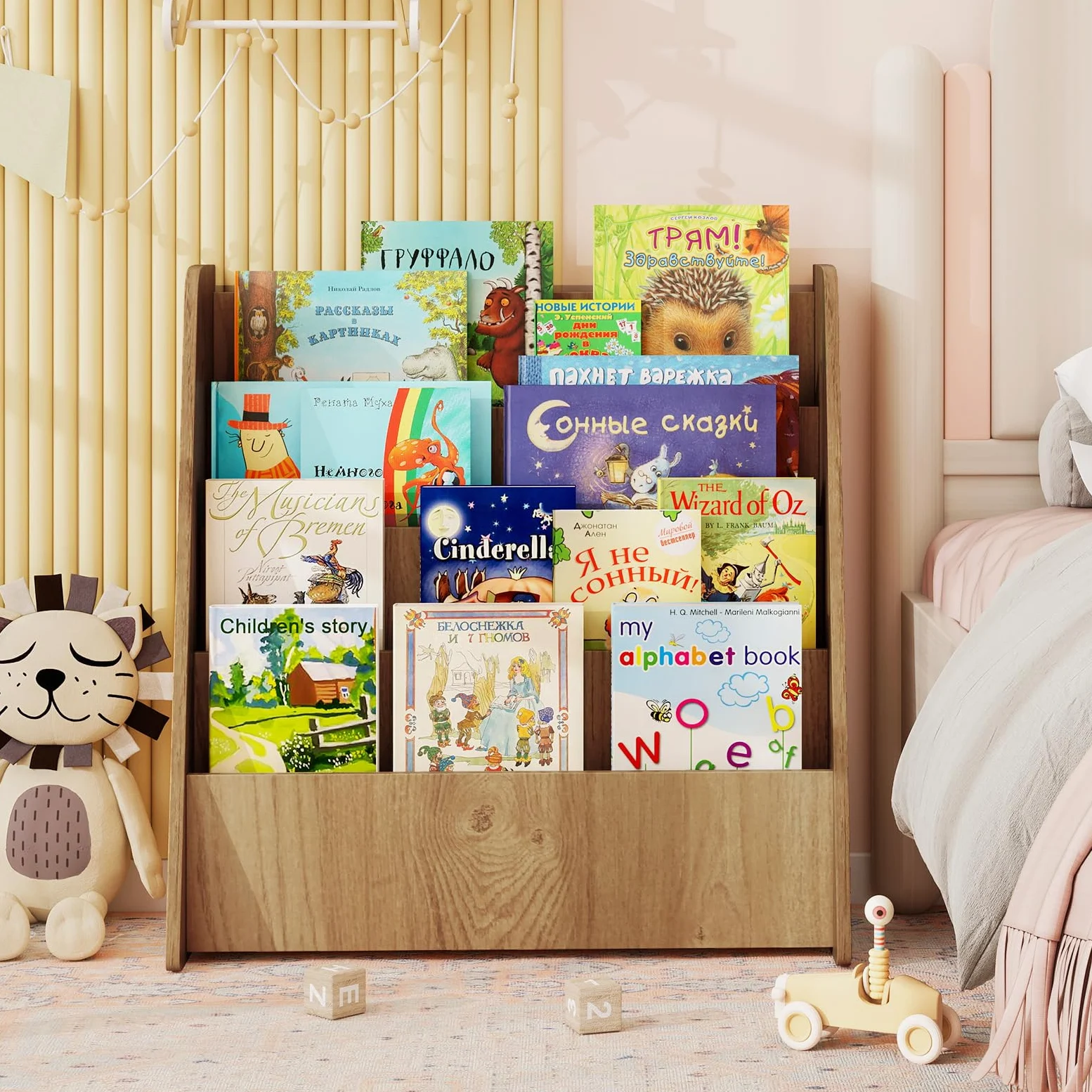 RELAX4LIFE Libreria Montessoriana per Bambini, Libreria in Legno a 4 Ripiani, Carico 40KG, Portariviste da Terra, Mobiletto Porta Libri per Cameretta e Asilo Nido (Naturale, 57,5x26,5x59 cm)