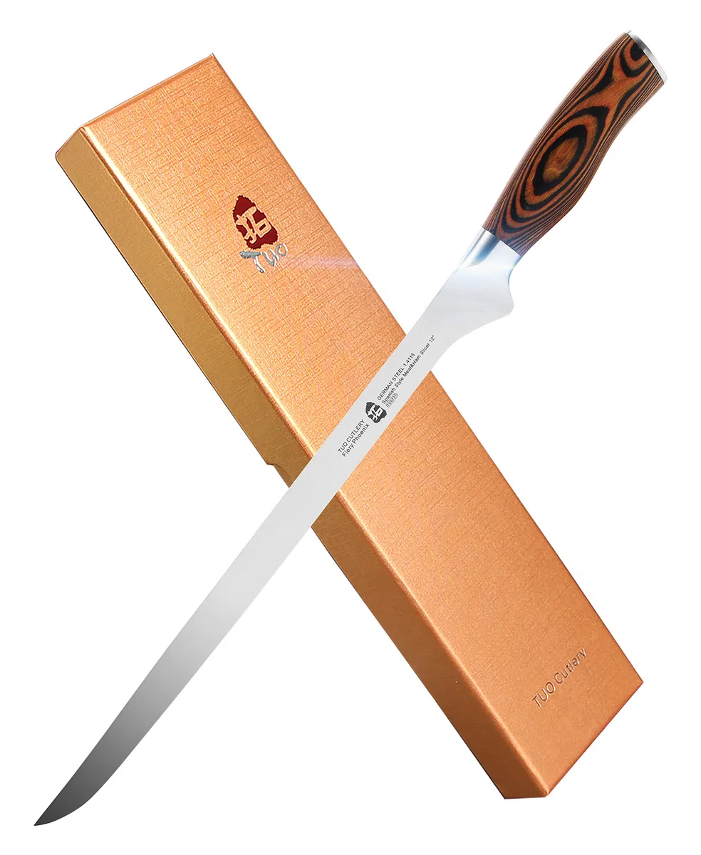 TUO Coltello Giapponese 30,5 cm - Coltello Sushi per tagliare carne e prosciutto in stile spagnolo - tedesco in acciaio e comodo manico in Pakkawood - Confezione regalo inclusa - Serie Fiery