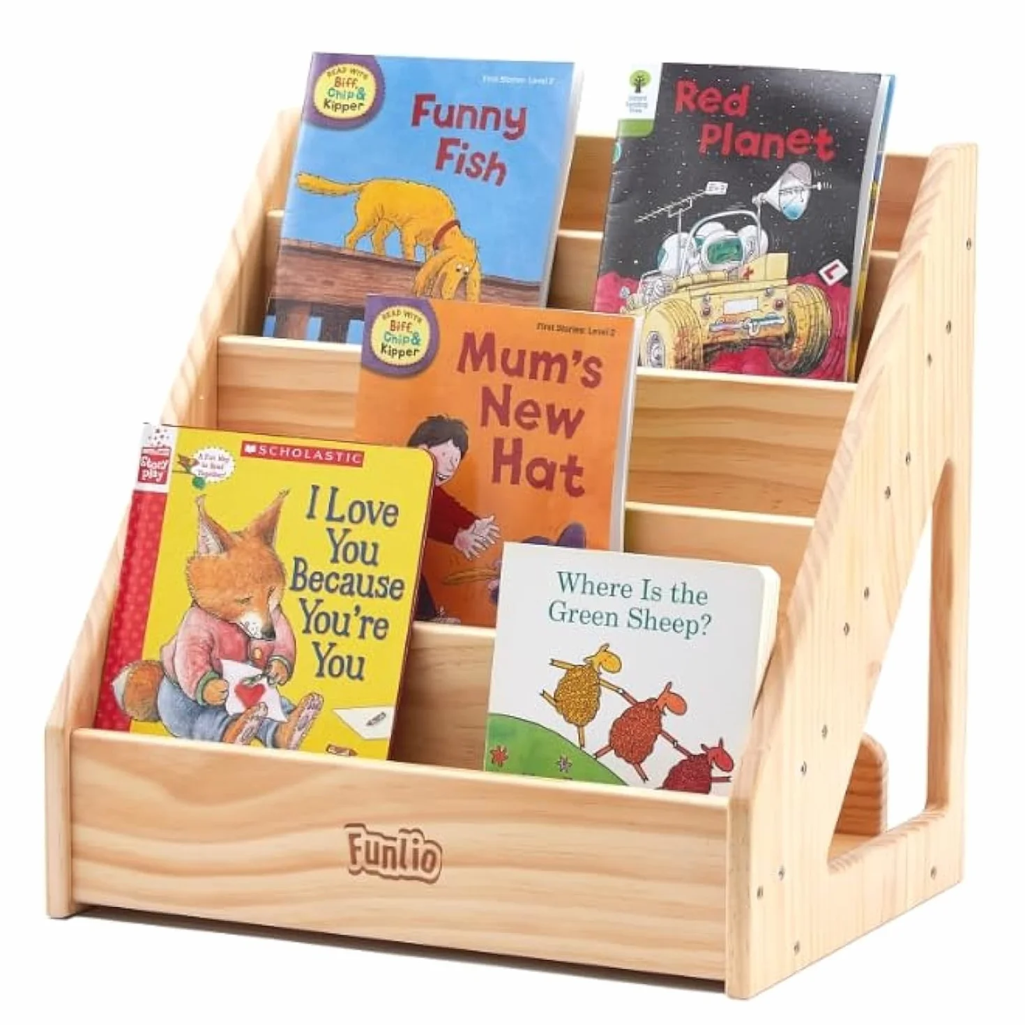 FUNLIO Libreria Montessori per Bambini da 1 a 5 Anni, Libreria Frontale con Maniglia e Dispositivo Antiribaltamento, Libreria in Pino Premium, per Bambini per Aula, Approvato CPC