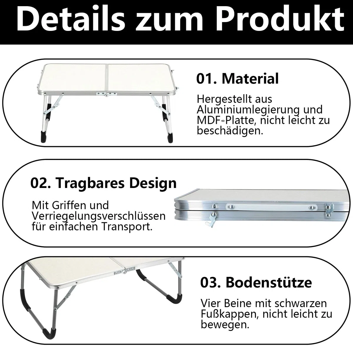 Tavolino da Spiaggia, 61 x 40 x 26 cm Alluminio struttura Tavolino da Spiaggia Pieghevole, Petite Pliante Table Camping con blocco, per uso Interno ed Esterno, Bianco
