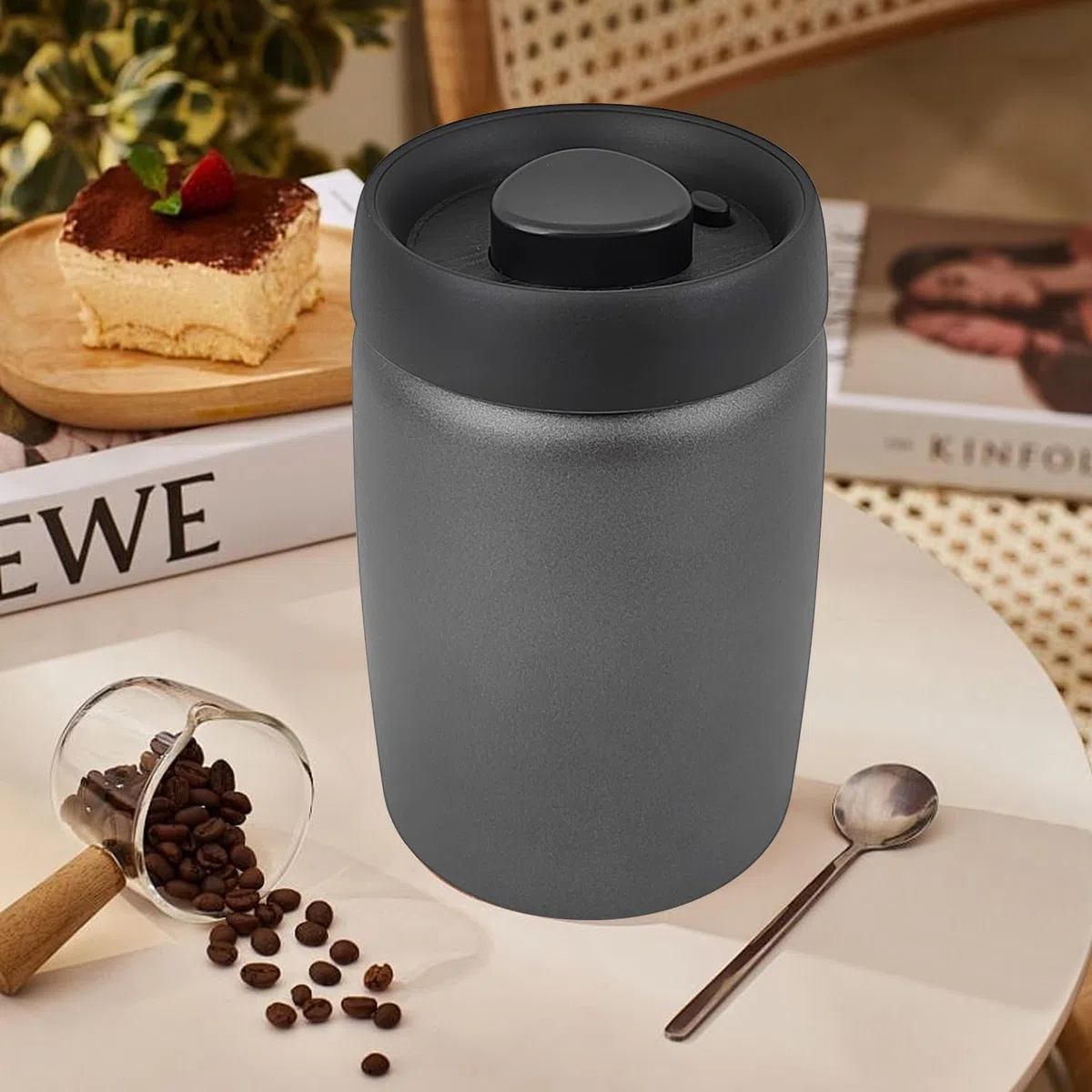 Barattolo per Caffè, Tarro da 1,2L Ermetico in Acciaio Inox con Tappo Sotto Vuoto, Vuoto con Un Solo Pulsante per Conservare la Frescura, per Conservare Grani di Caffè, Tè, Noci, Cacao