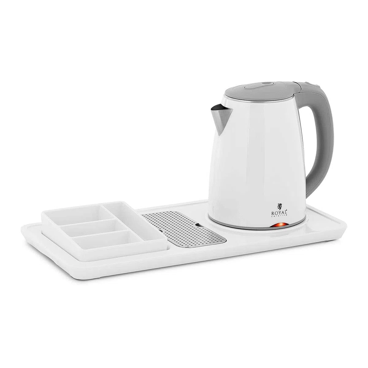 Royal Catering RC-HKS02 - Bollitore professionale per hotel, bianco, 1,2 L, 1800 W, con stazione per caffè o tè, bollitore elettrico