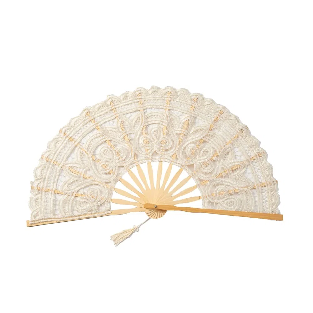Scomparti in pizzo con fiori ricamati in pizzo, pieghevoli, in bambù, realizzati a mano, vintage, per matrimoni, feste, beige