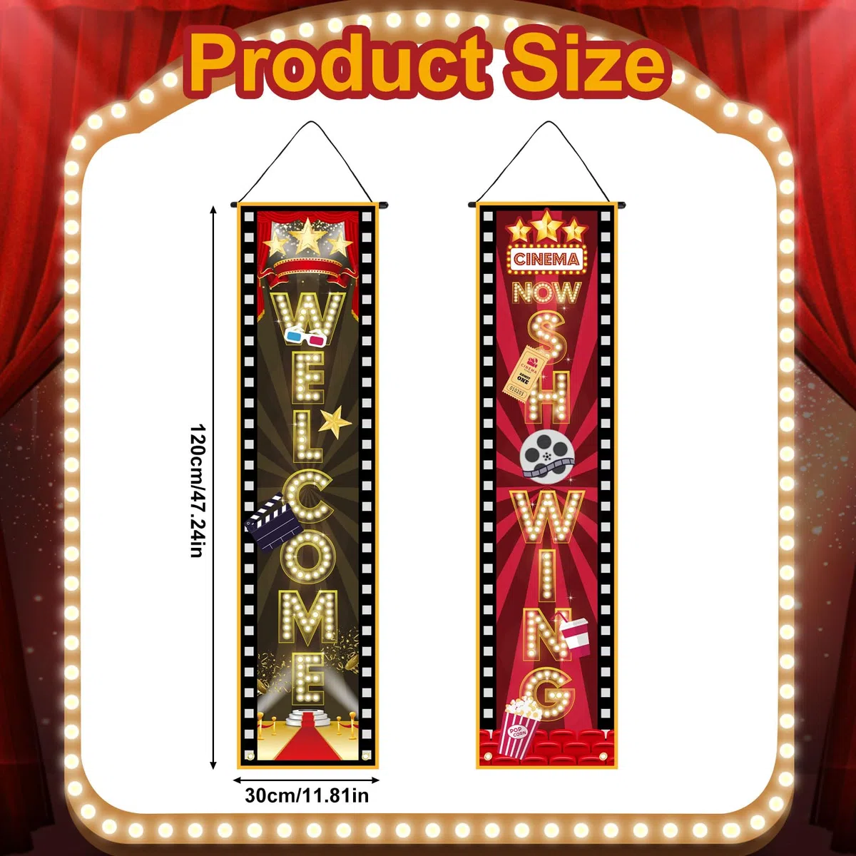 2pz Striscione per Serata Cinema, 120x30cm Cartello da Appendere Benvenuti Ora in Mostra Tema Serate Cinema Decorazioni Feste per Sfondo Feste con Cinepresa Domestica