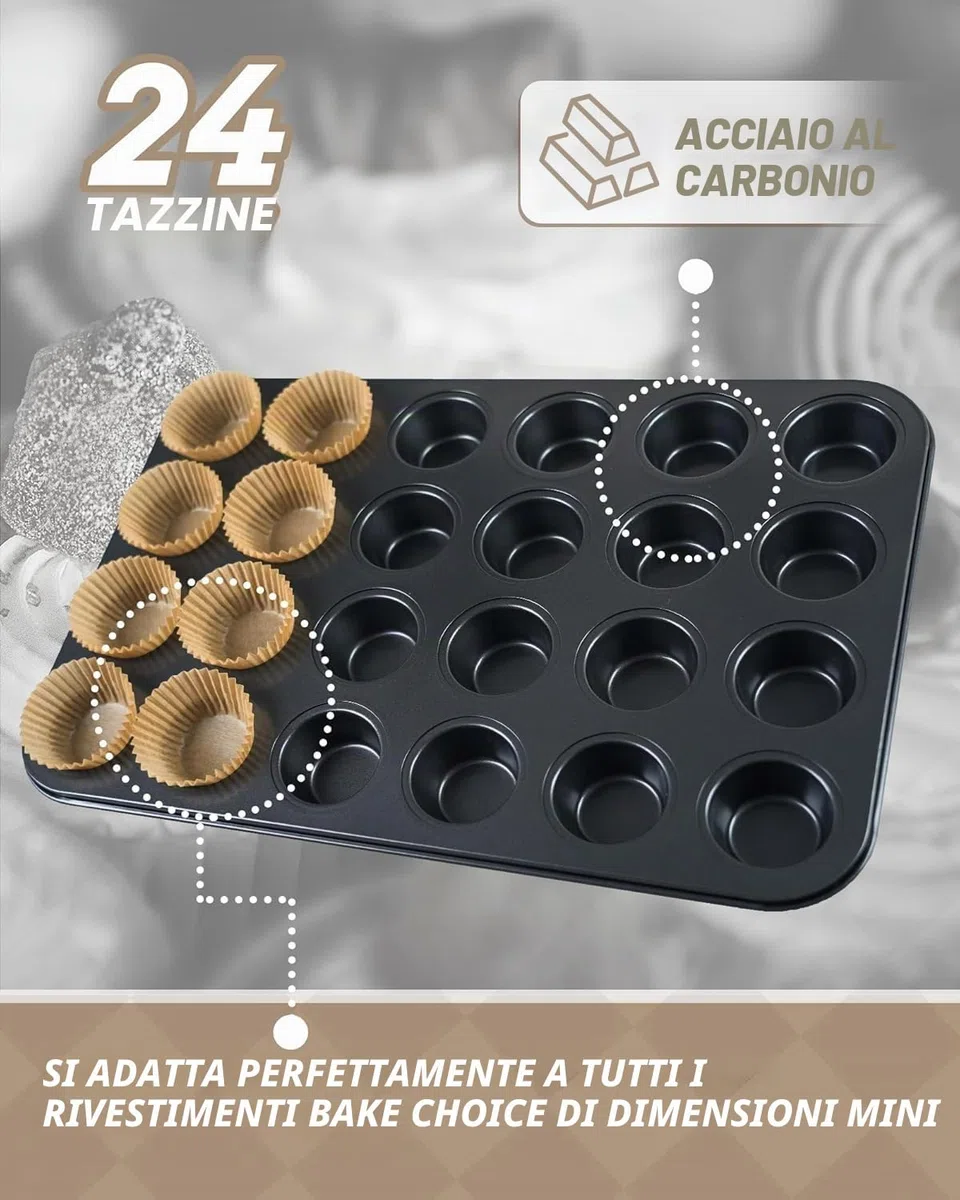 Bake Choice Inclusi 200 Pezzi Pirottini in Carta,Muffin Stampo Mini,Teglia Muffin 24,Rivestimento Antiaderente per Cupcake