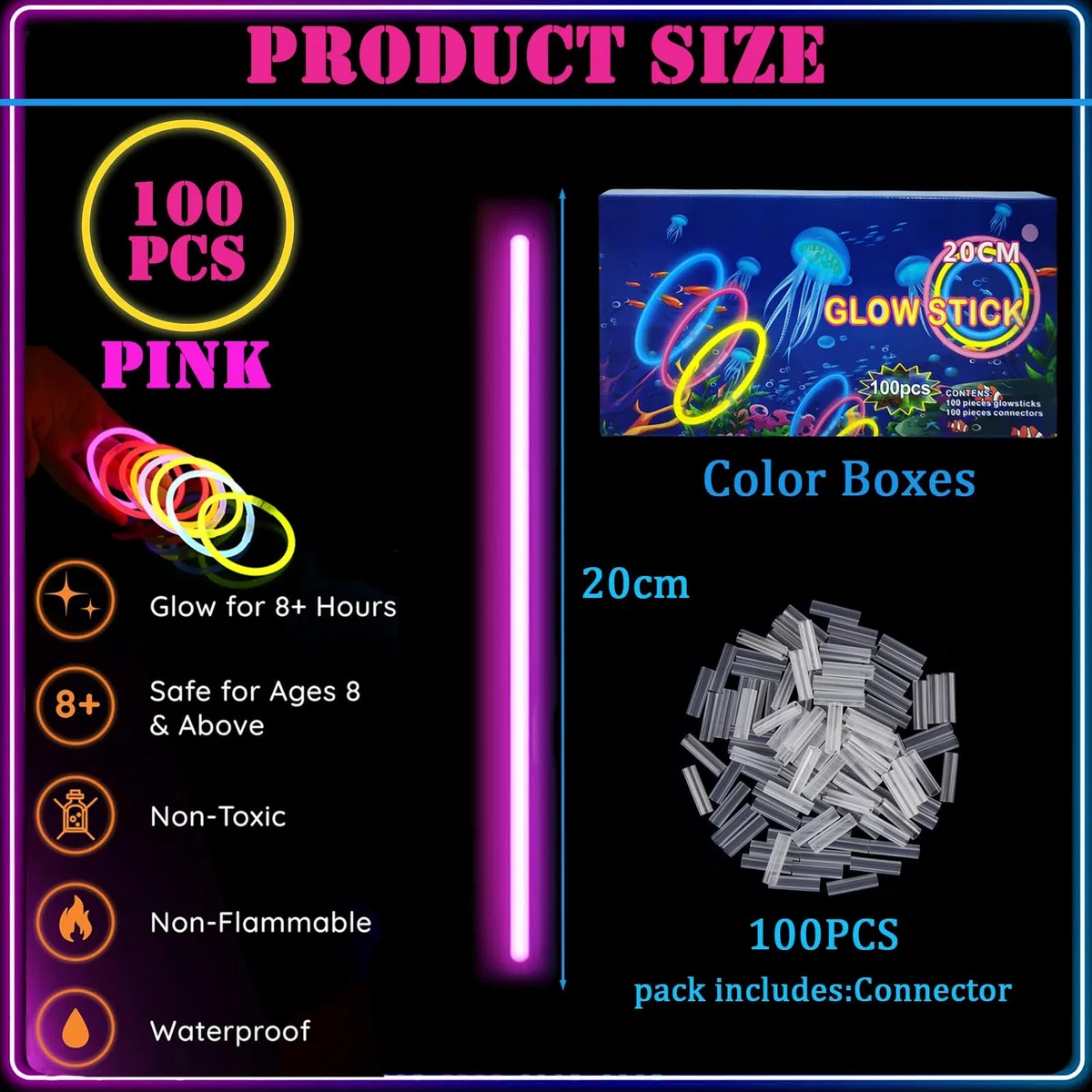 Braccialetti Luminosi Fluorescenti Rosa 100 Pezzi, Colorati Bastoni Bulk con 100 Connettori, Glow Sticks Bambini Adulti per Compleanno, Feste, Carnevale, Capodanno, Pasqua, Halloween