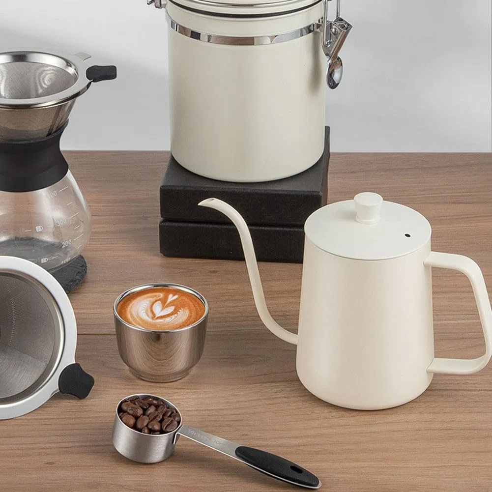 Bollitore da caffè a collo d'oca in acciaio inox, design elegante con manico resistente al calore, bollitura rapida per la casa (coperchio graduato 600 ml)