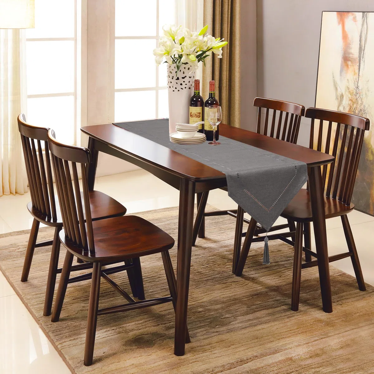 Runner da Tavola Crema Grigio 32 x 220 cm Moderno Innovativo Design Solido Lino Runner da Tavola, Lavabile di Alta Qualità di Grano Ear Design per Sala da pranzo Festa Decorazione di festa