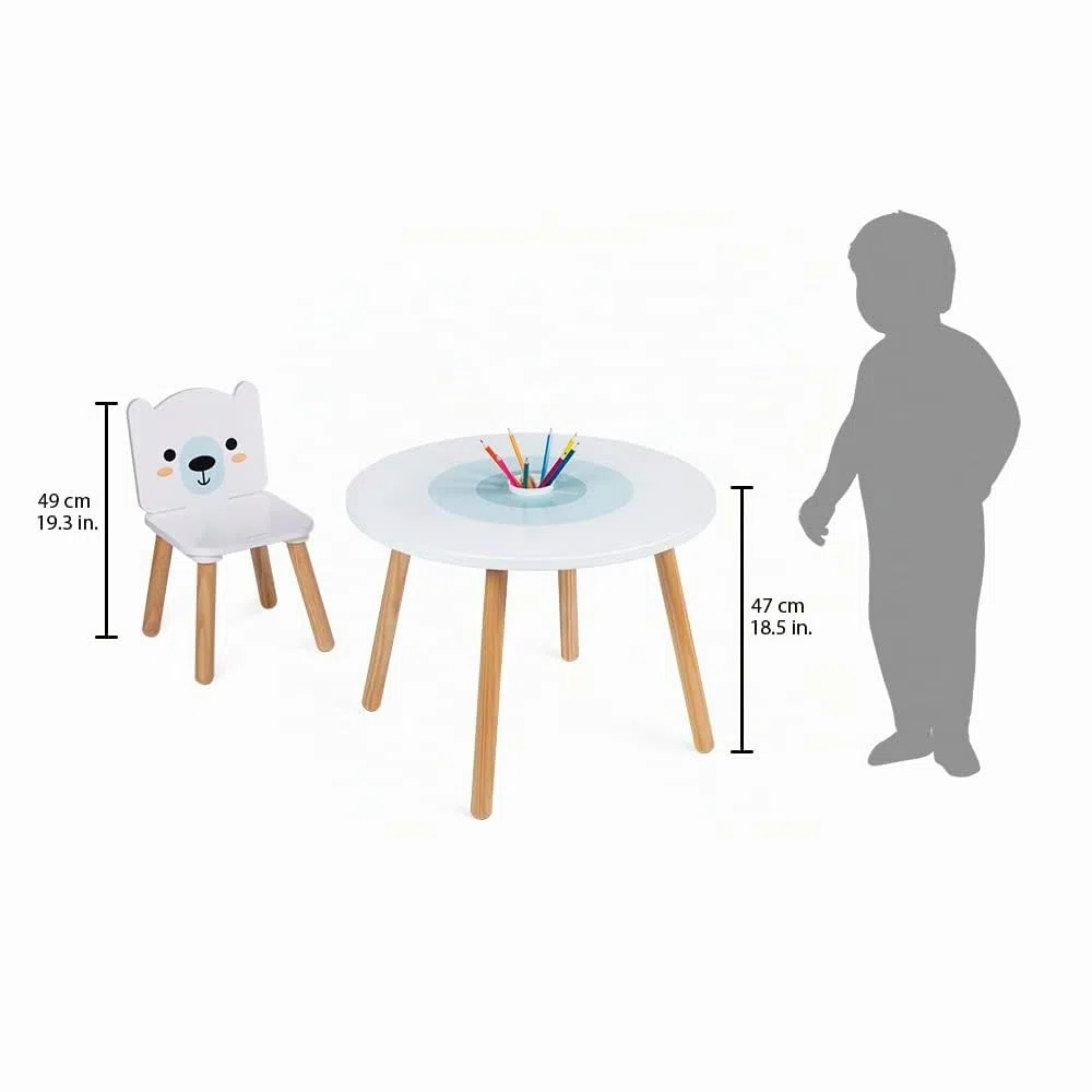 Janod - Tavolo e 2 Sedie Banchisa in Legno - Tavolino Rotondo per Bambini con Portapenne Rimuovibile - 1 Sedia Orso Bianco e 1 Sedia Pinguino - Ideale per Bambini da 3 a 6 Anni, J09650