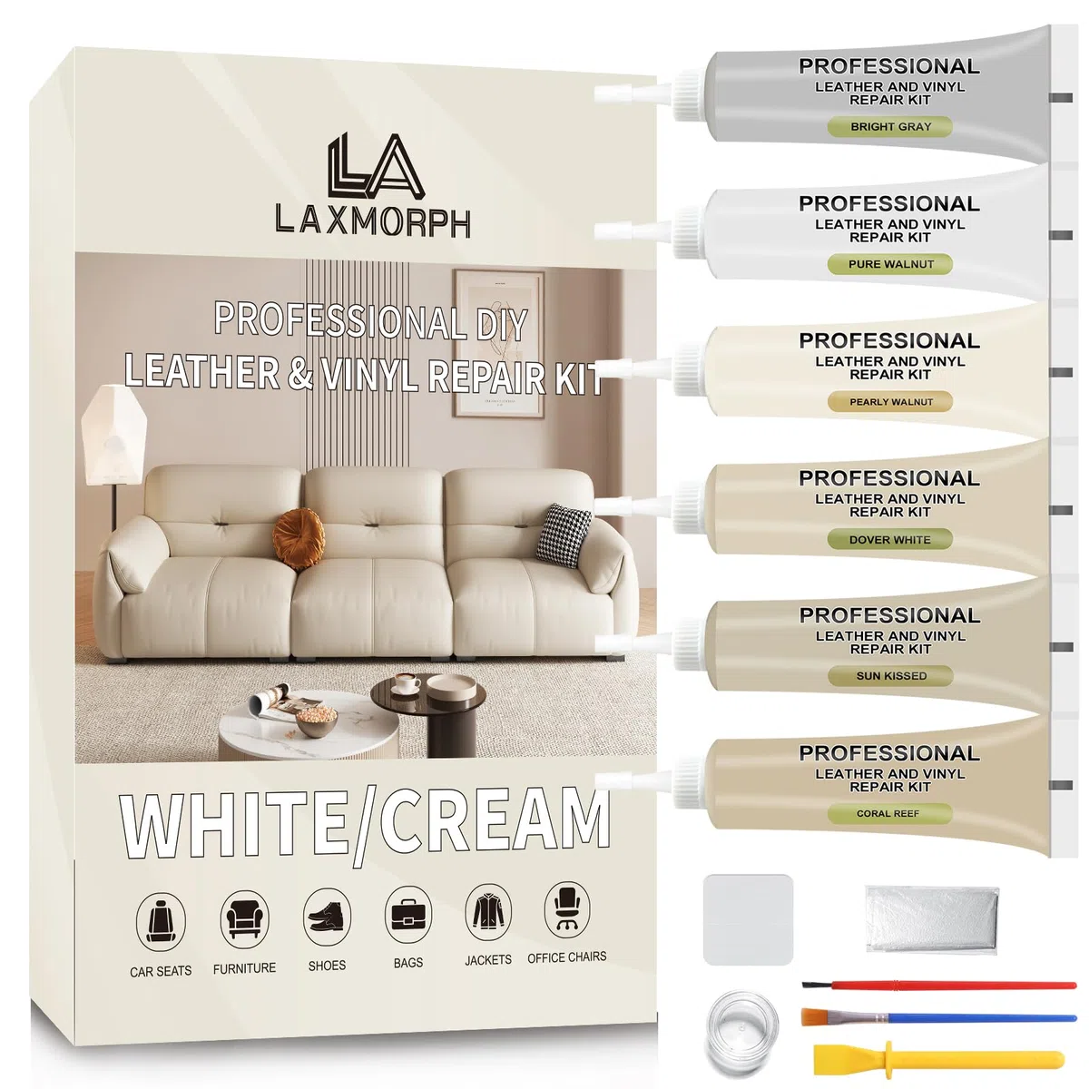 Set di riparazione per pelle Laxmorph Bianco-Crema Flüssigleder per mobili, divani, sedili auto e giacche, set di riparazione per pelle sintetica e vinile, ripara colore della pelle, crepe, fori