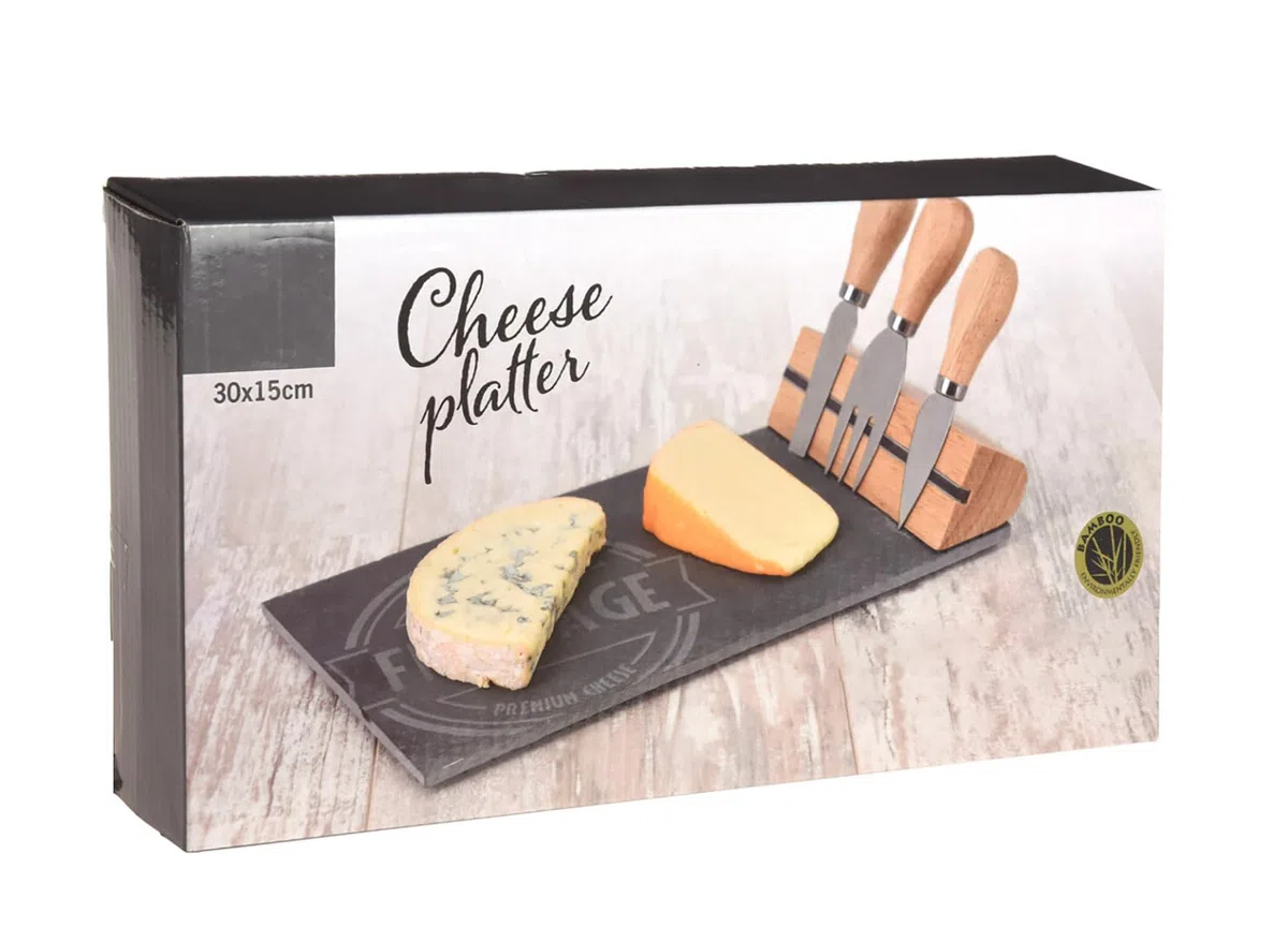 Set di piatti per formaggi in ardesia e bambù, 4 pezzi, 30 x 15 cm, con posate e supporto magnetico, piastra in ardesia per formaggio, con coltello da formaggio, per alimenti