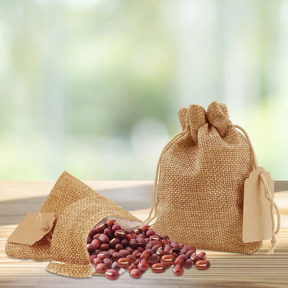 Lamondre 30 sacchetti in iuta con coulisse (10 x 14 cm) sacchetti regalo con 30 etichette fai da te, sacchetti regalo riutilizzabili, piccoli sacchetti con coulisse per fai da te, marrone