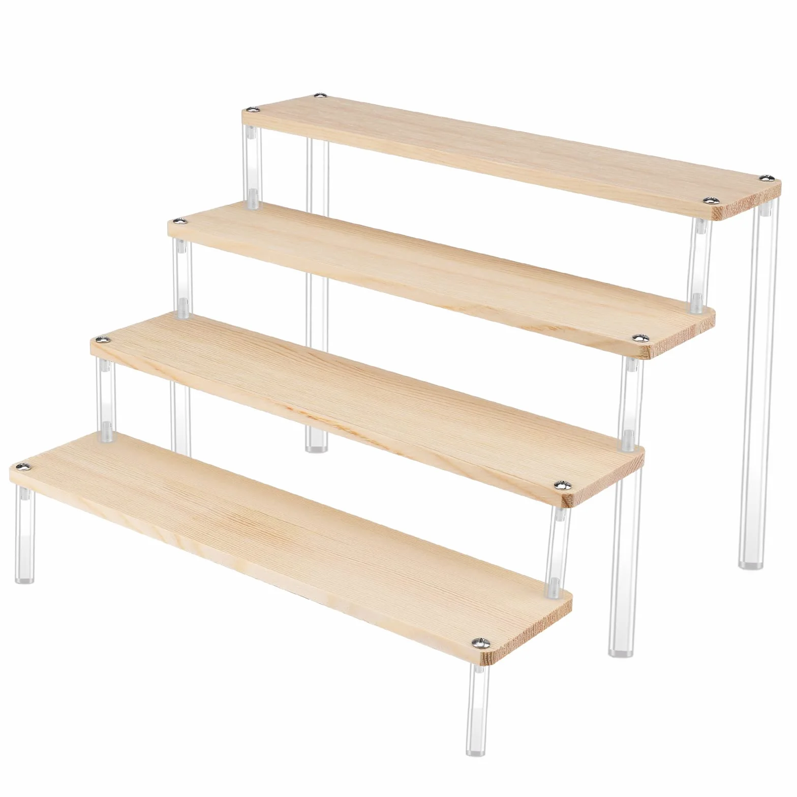 Windfromort Alzate Espositore Acrilico, 4 Strati Stabile a Scala Legno, Display Espositore Riser Gioielli per Torte Trucco Profumi Oggetti da Collezione Rossetto Cupcake
