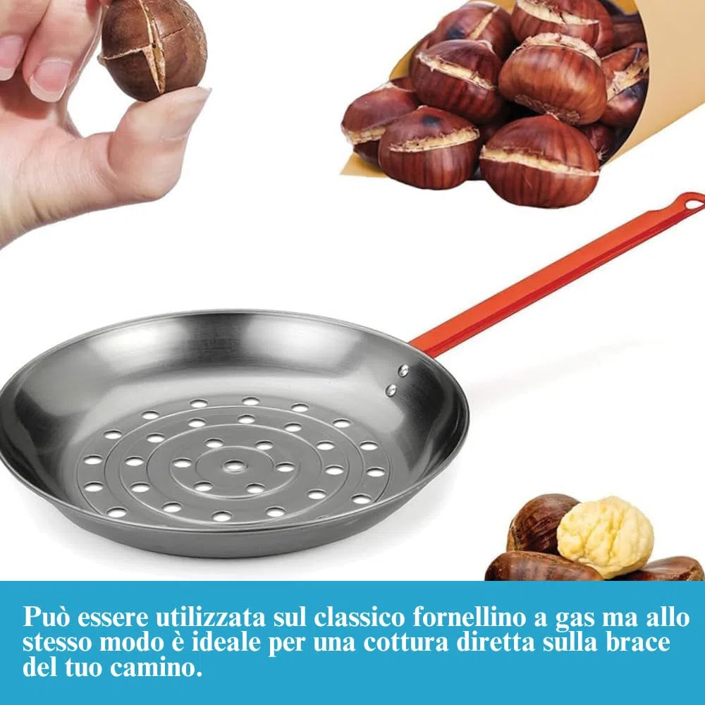 PALUPLUS Padella per Caldarroste, Diametro 26 cm, Salta Castagne con Manico Rosso Verniciato, Padella Forata Arrostacastagne -7262