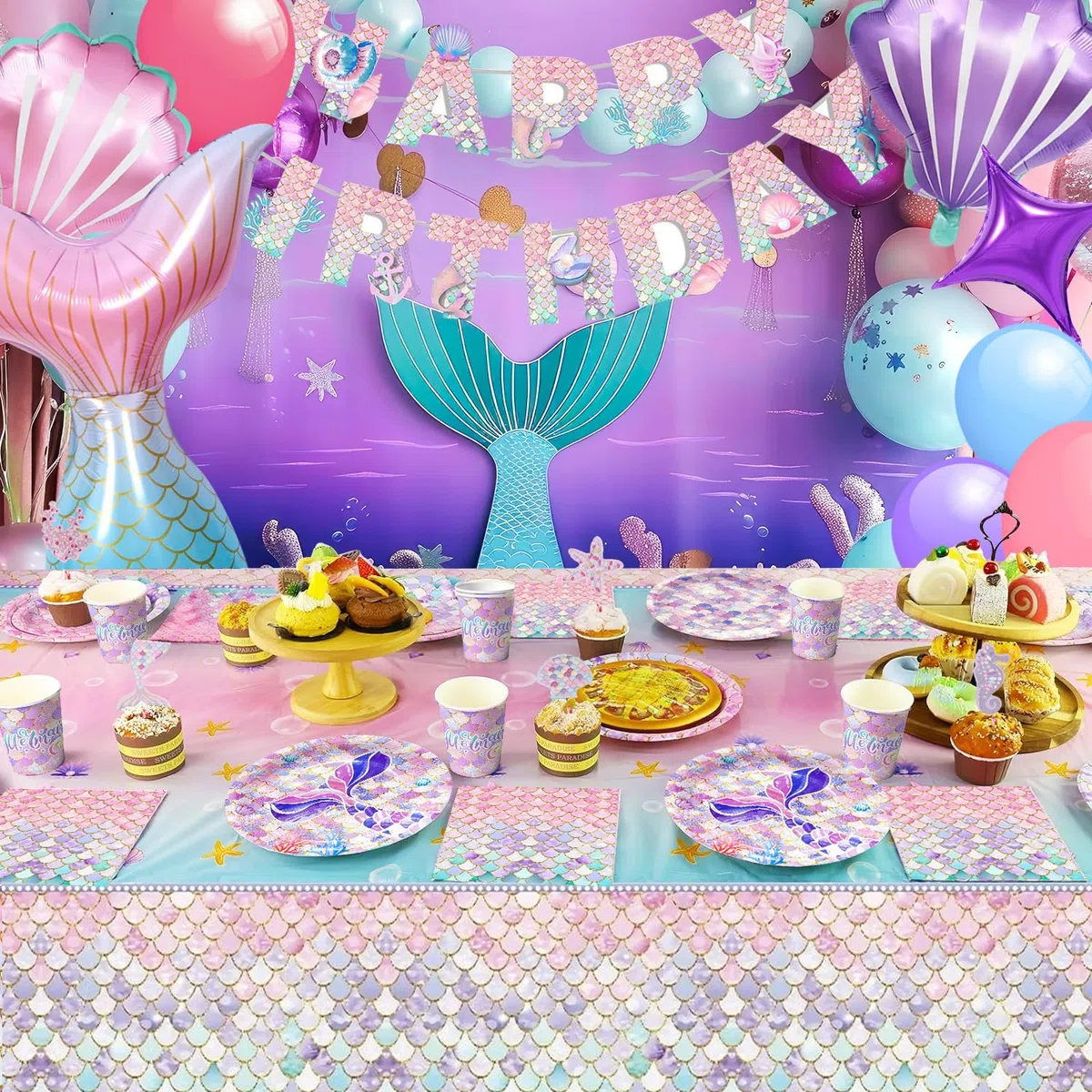 Articoli per Feste di Compleanno a Sirena,90 Pezzi Decorazione Festa Delle Sirene&Stoviglie per Feste a Sirena Set-Piatti di Carta a Sirena Tazza Tovaglie etc Forniture Decorative per Sirene