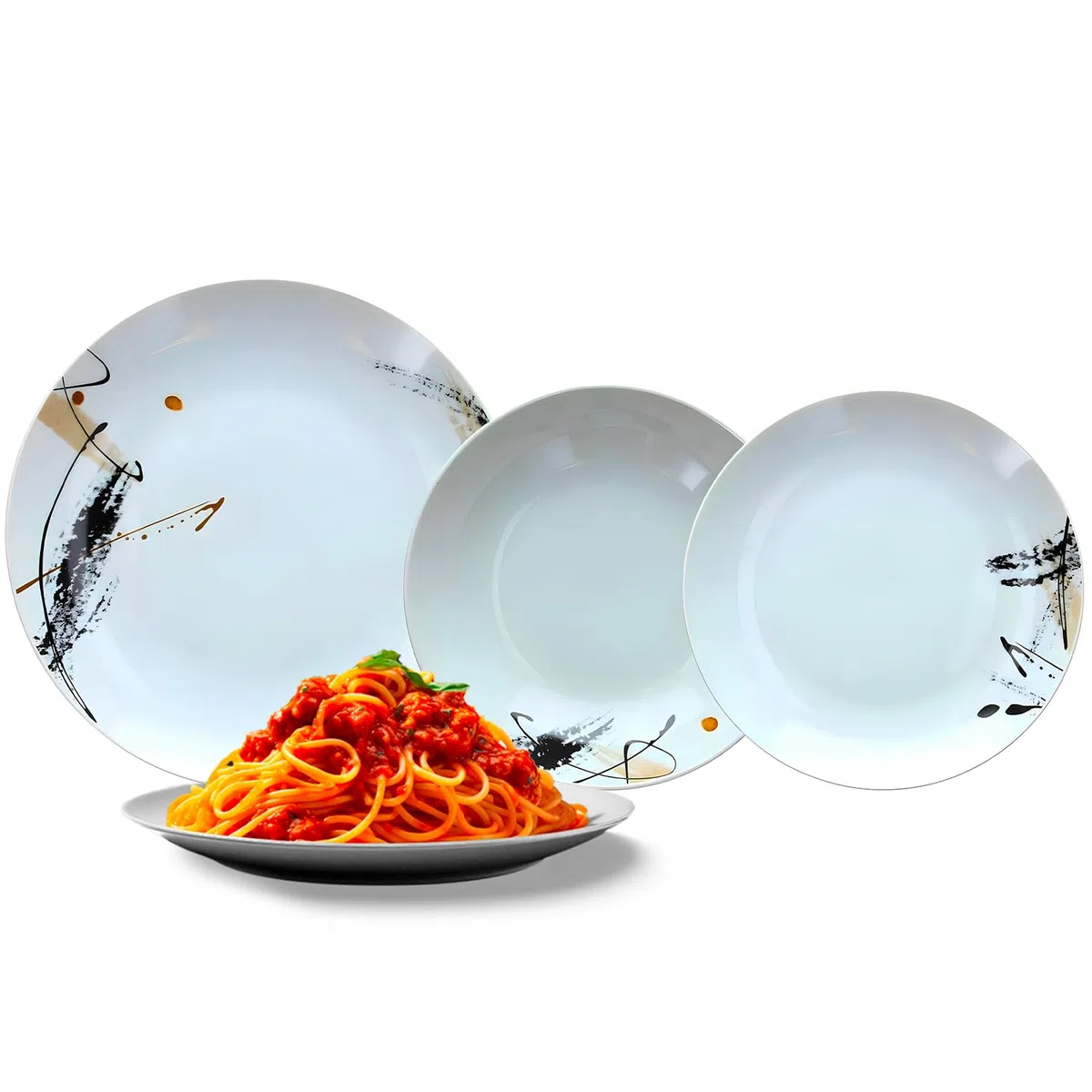 Avilia Servizio di Piatti 18 Pezzi in Porcellana Bianca con Decoro Grafico Nero - Set Composto da Piatti Fondi, Piani, e da Dessert - Eleganti e Moderni Ottimi per Ogni Occasione - Facili da Lavare