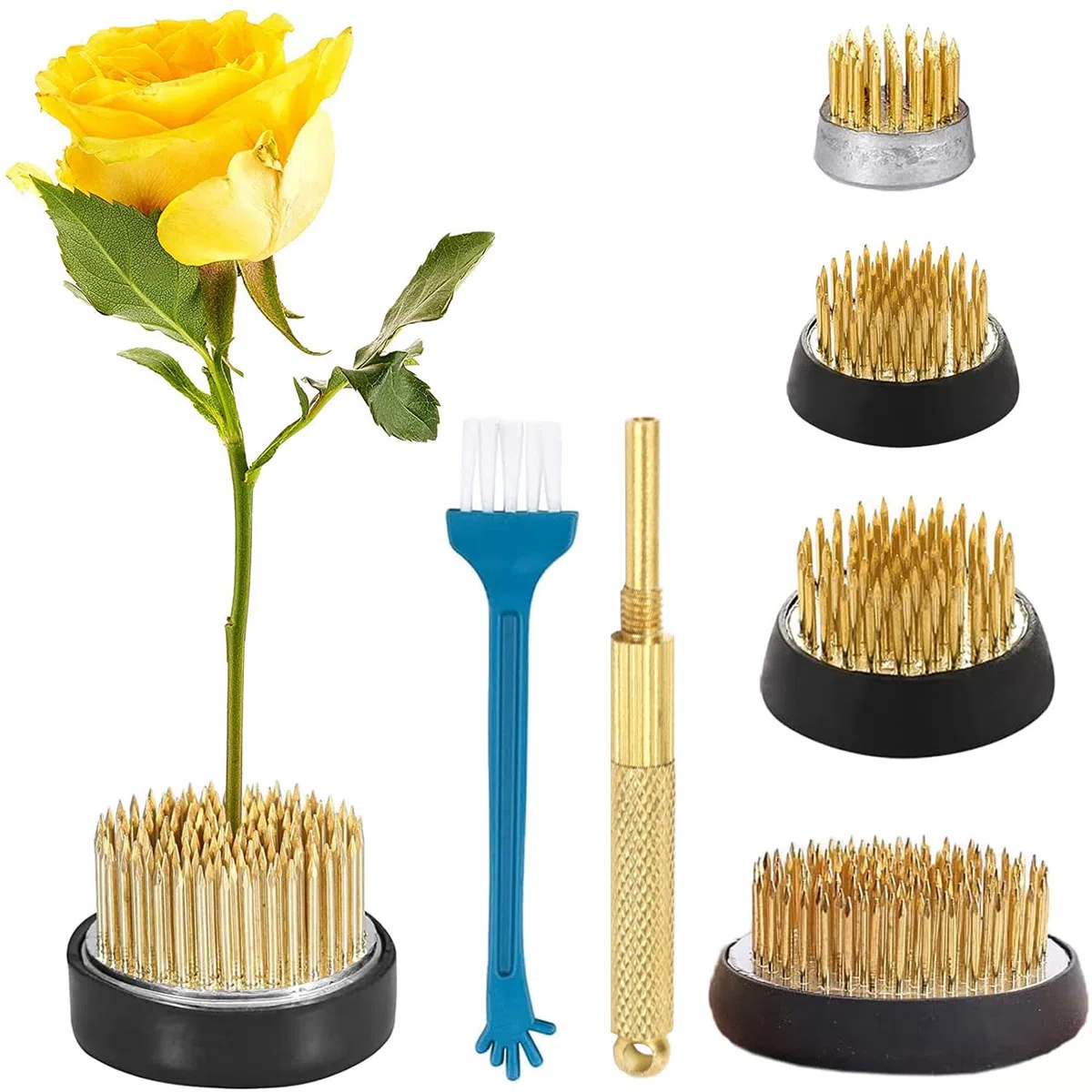 4 Pezzi Rana Rotonda, Acciaio Inossidabile Ikebana, Rana Fiore, Rana Fiore Rotonda, Composizione Floreale a Spillo in Rame con Base Ad, Anello in Gomma Acciaio Inossidabile, per Home, Office