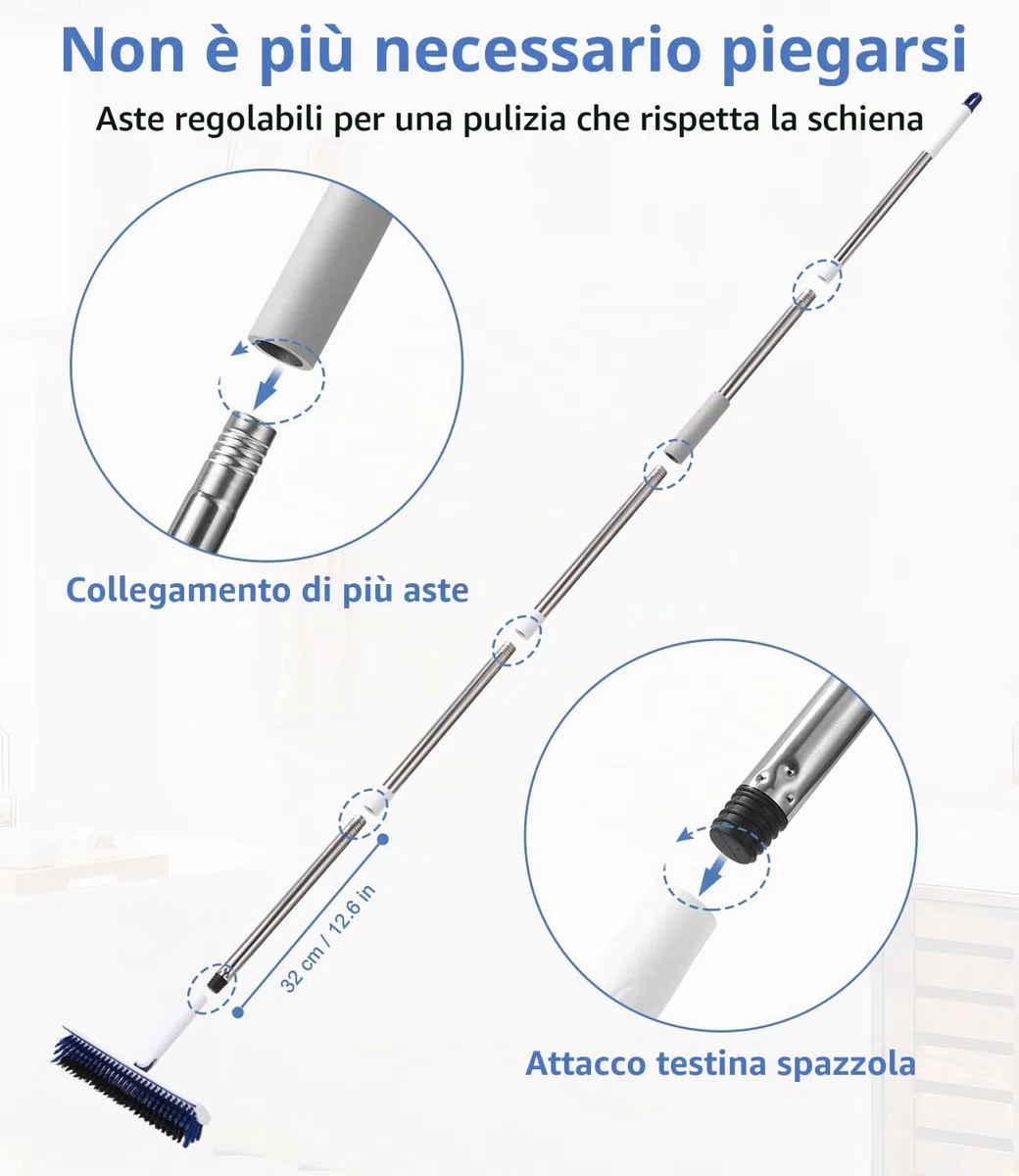 Spazzolone per Pavimenti 2 in 1 con Tira Acqua e Setole Rigide, Manico in 5 Parti Estensibile Fino a 1,8 m, per Bagno, Cucina, Piscina, Garage, Spazzolone Esterni, Spazzola Lavapavimenti