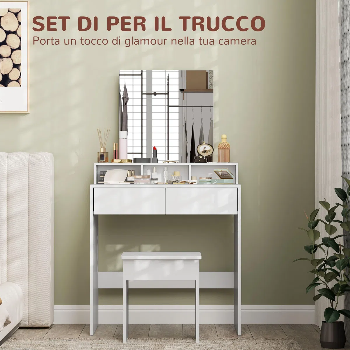 HOMCOM Postazione Trucco con Sgabello, Tavolo da Trucco con Specchio, 3 Ripiani, 2 Cassetti, Toeletta Trucco Moderno in Legno per Camera da Letto, 75x38x135 cm, Bianco