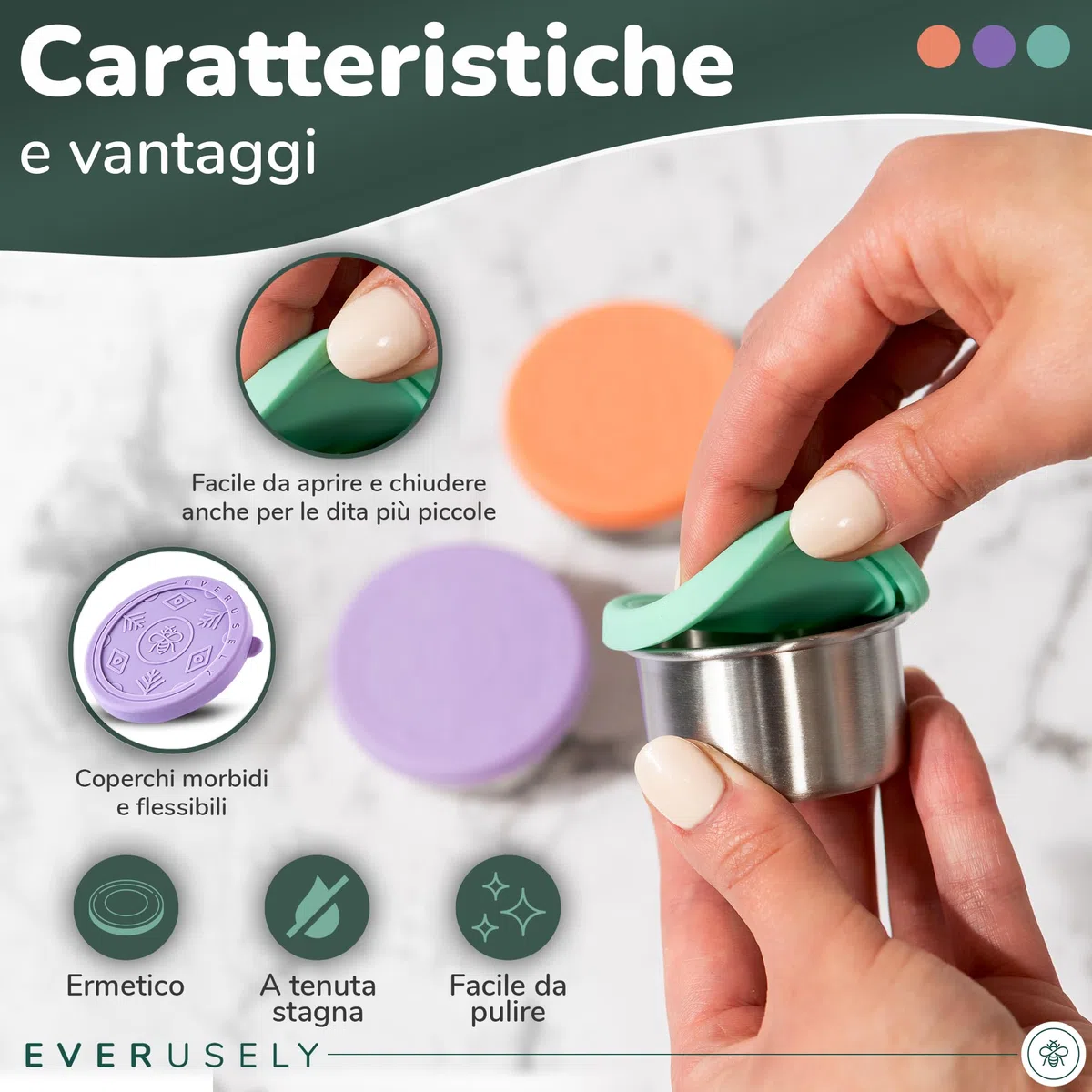 Everusely - Contenitori per Alimenti in Acciaio Inossidabile - Set da 3, Bright - Portapranzo in Metallo Contenitori per Snack per Ufficio, Conservazione a Casa - Coperchi Antifuga