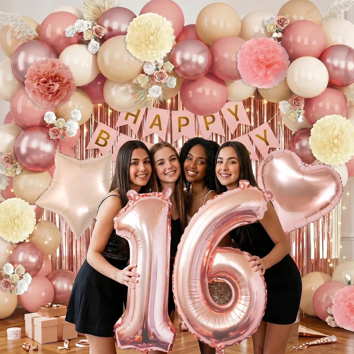 Decorazioni Compleanno 16 Anni Bambina, Palloncini Compleanno Oro Rosa con Striscione Buon Compleanno, Palloncini Cuore Stella Foil, Tende Metalliche Rosegold, Pompon di Carta Rosa per Ragazze
