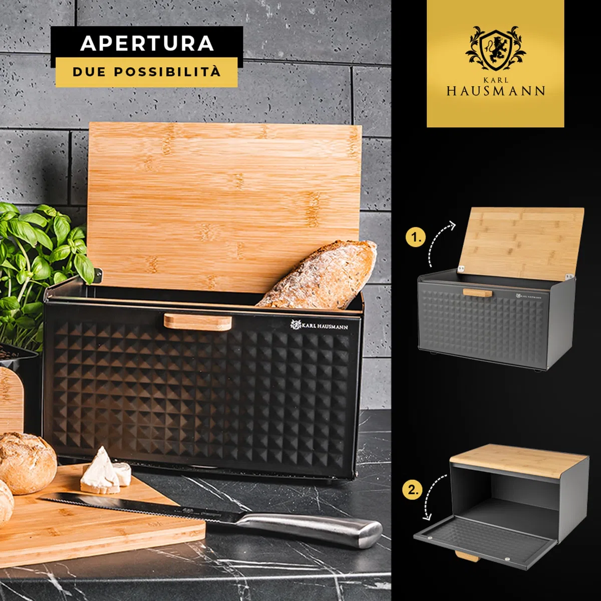 KARL HAUSMANN Portapane Grigio in Metallo con Coperchio in Bambù - Mantiene il pane fresco più a lungo | Ampio contenitore per pane da cucina e piano di lavoro | Chiusura magnetica