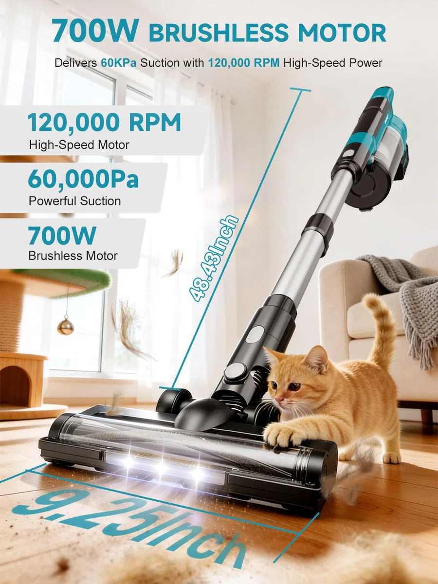 700W/60000Pa Aspirapolvere Senza Fili, Scopa Elettrica senza Filo Potente 70 Min Autonomia, Anti-groviglio/OLED Schermo/2,0L Cup Aspirapolvere Senza Fili Potente, Adatto per Tappeti/Pavimenti/Capelli