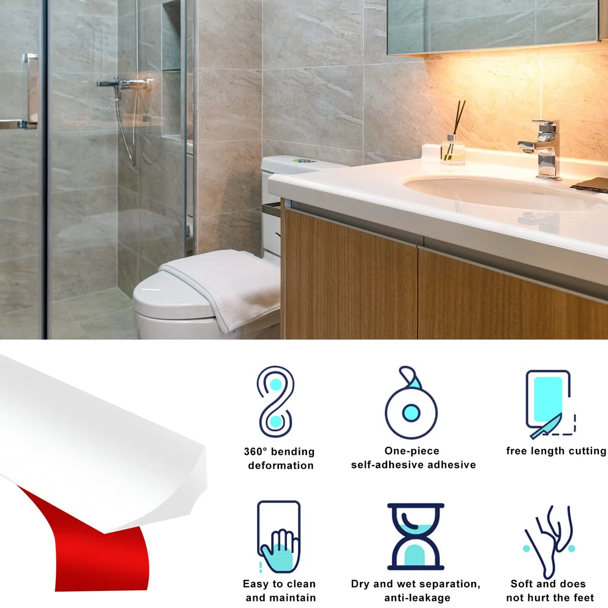 Barriera Doccia Ferma Acqua, 2M Barriera Dell'Acqua, Barriera d Acqua Bianco, Arresto Doccia Autoadesivo, Bagno Acqua Barriera, Bordo Doccia, Silicone Doccia per Barriera Stop Acqua Soglia