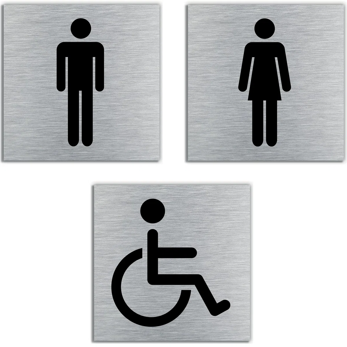 Stileitaliano Targhetta bagno Donne Uomini Disabili adesiva Targa Porta Toilette WC adesivo donna uomo targhette metallo targhe 3 pezzi 10cm (Alluminio Spazzolato)