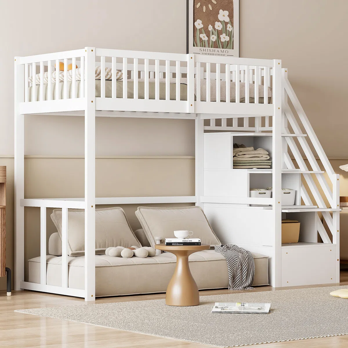 Kebnor Letto a soppalco 90 * 200 cm con scala di sicurezza e vano portaoggetti, struttura letto in legno di pino massello per bambini e ragazzi (Bianco)