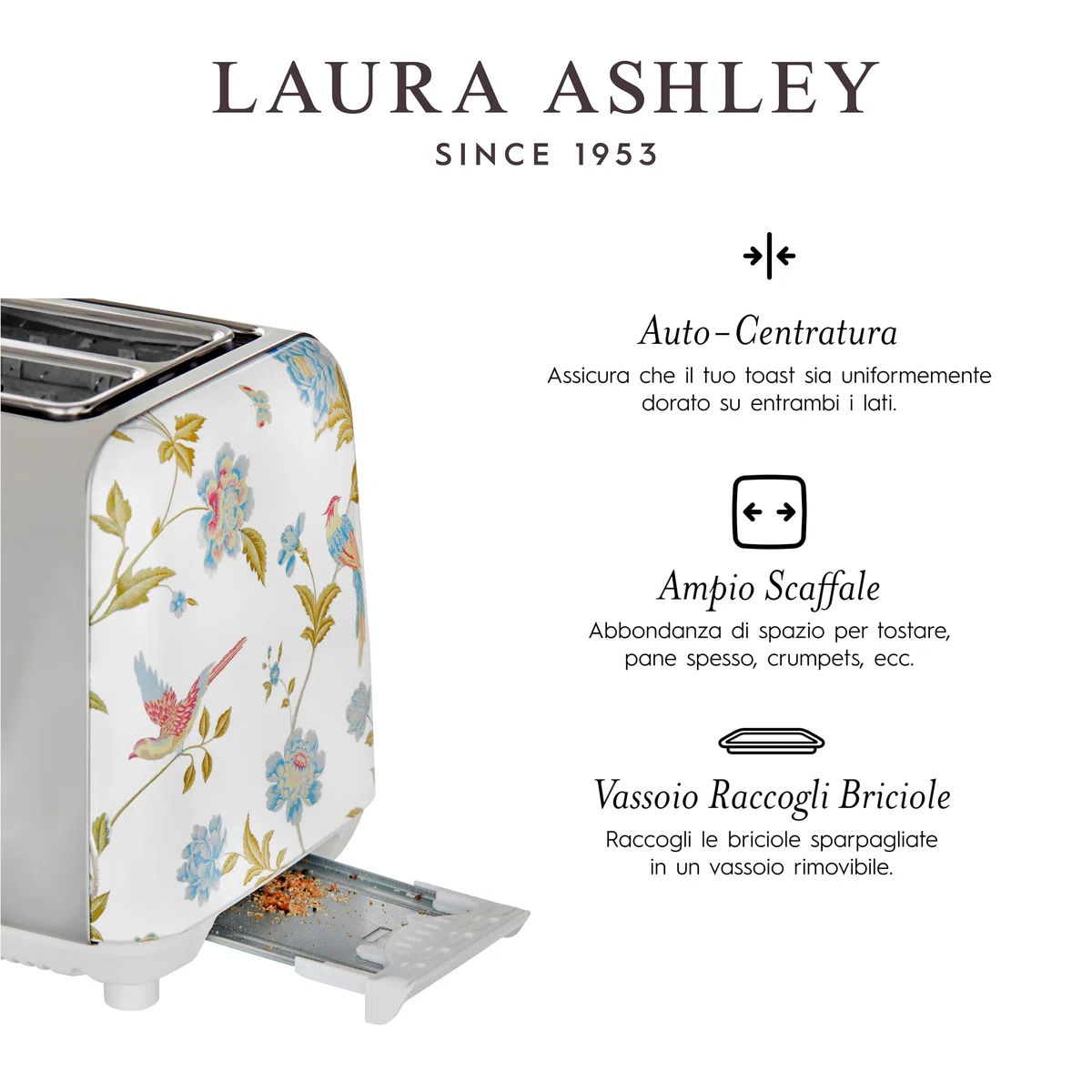 VQ Laura Ashley Tostapane Vintage 2 Fette - Riscaldamento Regolabili, Scongelamento e Modalità di Riscaldamento. Acciaio Inossidabile Tosta Pane con Croissant Scaffale Riscaldante - Elveden Bianco