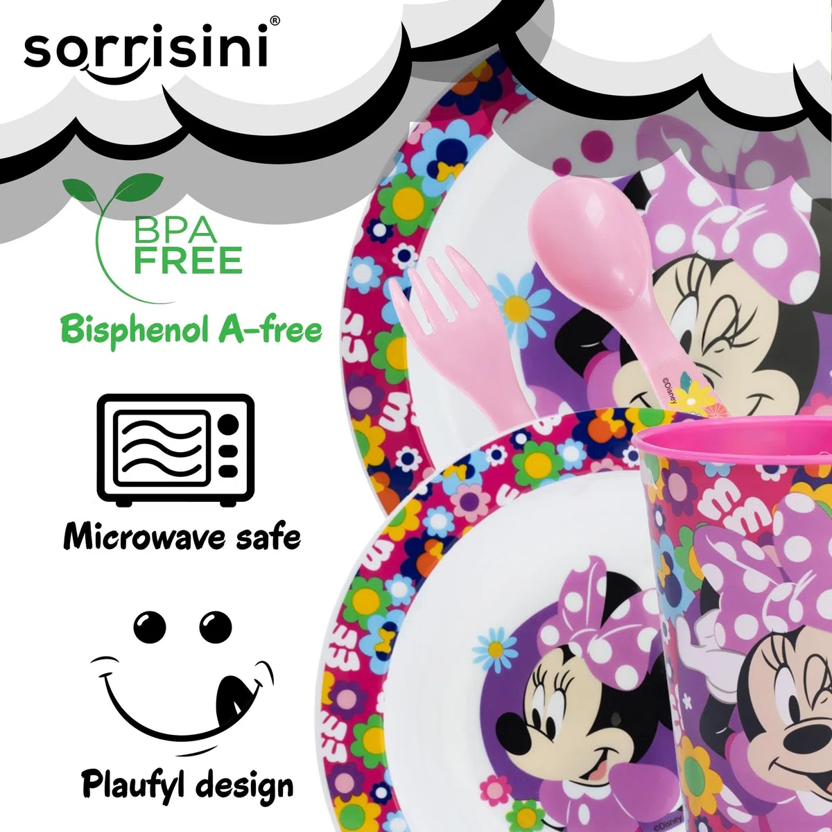 Stoviglie riutilizzabili per Bambini Minnie Mouse, Piatti Bambini per Asilo Scoula Piatto, Ciotola, Posate, Bicchiere, Set piatti in Plastica Adatta per Microonde