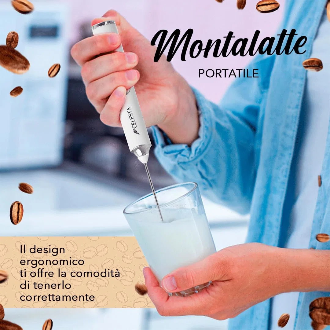 Montalatte elettrico portatile Celesta - Montalatte ricaricabile tramite USB - 2 fruste in acciaio inossidabile + cavo USB, montalatte e sbattitore per le uova