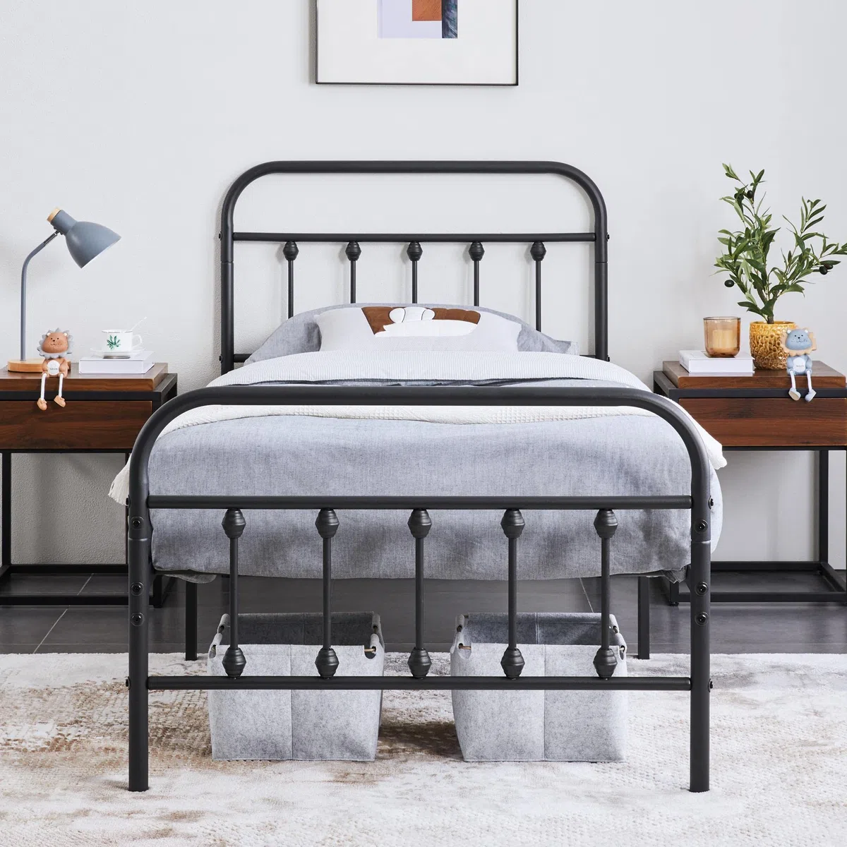 Yaheetech Struttura Letto Singolo in Ferro 90 x 200 cm Testiera Alta con Spazio Aggiuntivo per Camera da Letto Soggiorno Nera