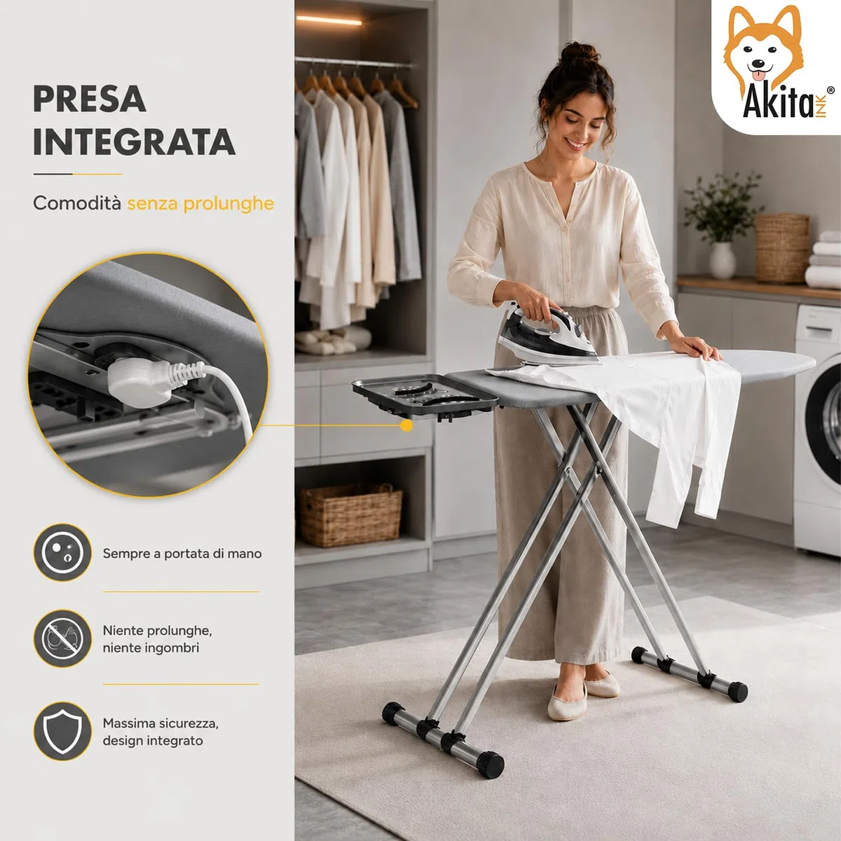 AkitaInk Asse da Stiro con Presa Integrata 125x43 cm, Tavolo da Stiro Pieghevole in Acciaio con Altezza Regolabile, Poggiaferro e Piedini Antiscivolo