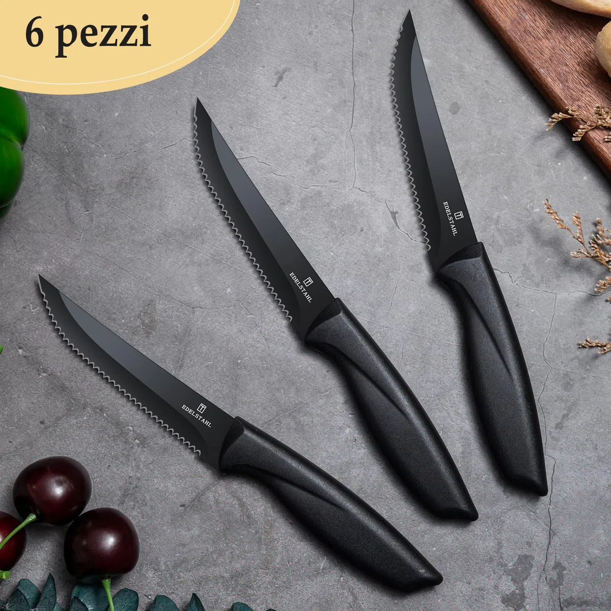 Coltello da cucina professionale, set di 6 coltelli da bistecca, coltello da bistecca in acciaio inox di alta qualità, coltelli da tavola resistenti, utensili da cucina neri