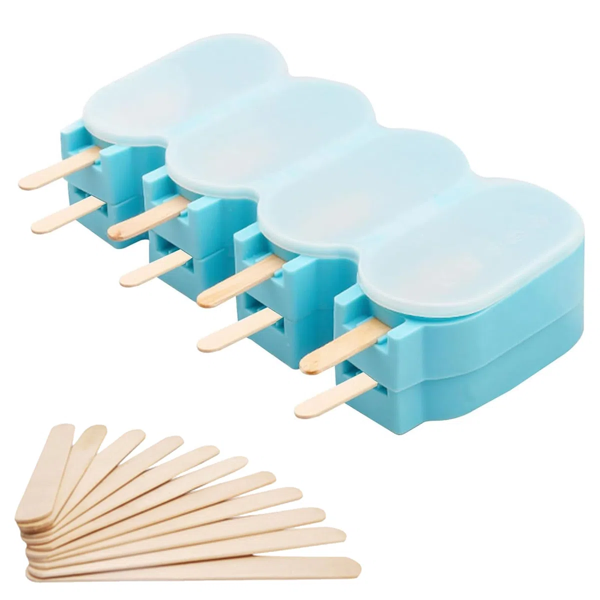 2 stampi per gelato in silicone, 4 cavità per ghiaccioli, senza BPA, con 50 steli e coperchio in silicone per dessert, sorbetto, budino (blu)