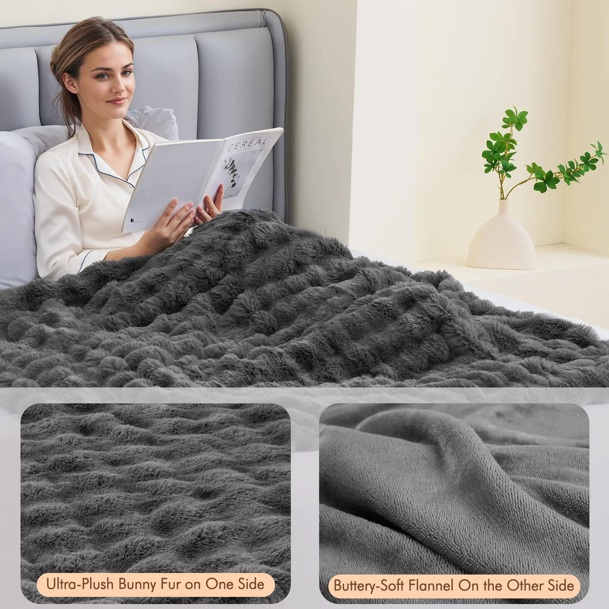 Coperta Elettrica Riscaldante 130x180 cm per Letto e Divano, Peluche Coniglio e Flanella, 4 Livelli di Temperatura, Spegnimento Automatico 10 Ore, Lavabile in Lavatrice