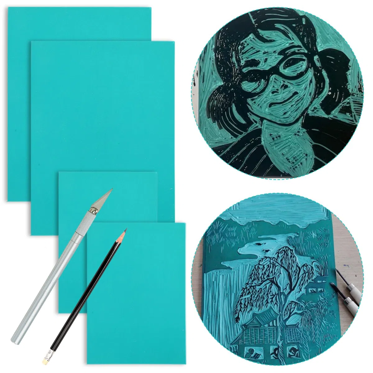 Set di 5 piastre di linoleum in gomma morbida, per linoleum, per taglio linoleico, per linoleum, per linoleum, per incisione linoleum, piastra in linoleum (2A4 + A5 + 2A6)