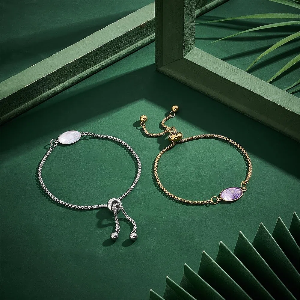 UNICRAFTALE 8 Set 2Colori In Acciaio Inossidabile Fai Da Te Kit per Creazione di Braccialetti A Maglia Ovale Vuoto Regolabile Cursore Catena con Connettore Cabochon Ovale Lunetta con Cabochon In Vetro