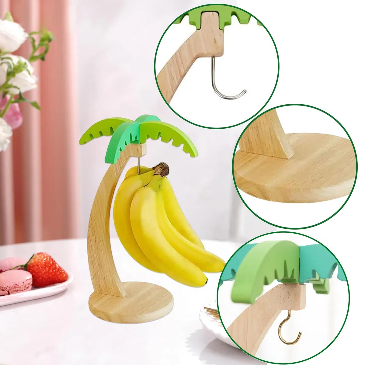 Supporto per Banana con Gancio in Acciaio Inossidabile Resistente, Supporto per Banane in Legno per Mantenere Fresche le Banane, Portabanane Legno, per Conservare la Frutta a Casa