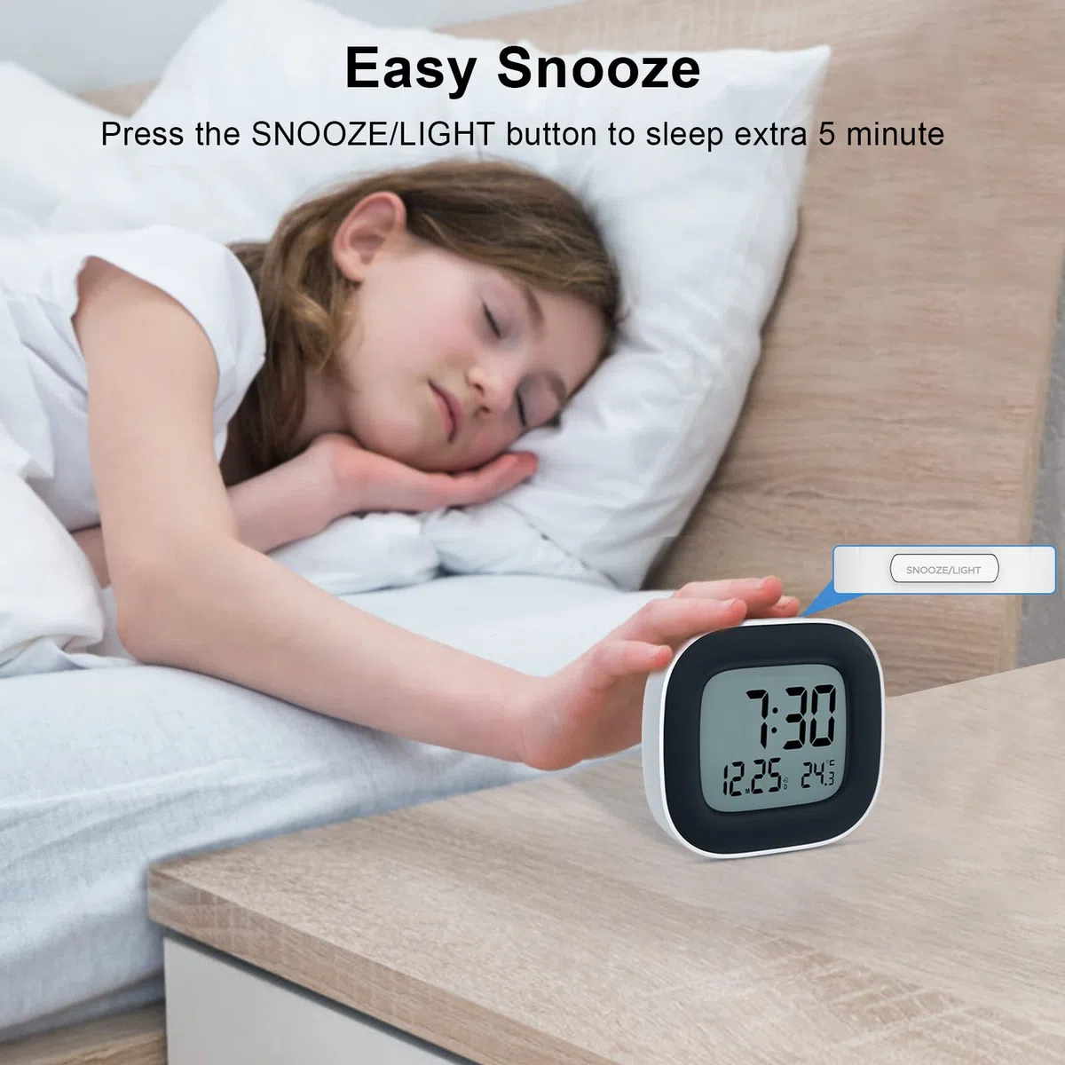 Sveglia da Comodino a Pile con Visualizzazione della Temperatura, Funzione Snooze e Retroilluminazione per Viaggi, Camera da Letto (2 Batterie AAA Incluse) Bianco